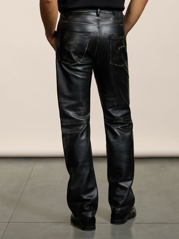 PANTALONE 5 TASCHE DA UOMO LOOSE FIT IN PELLE D'AGNELLO- TRATTAMENTO USED COLORE NERO - NERO - Abbigliamento Uomo | Pence 1979