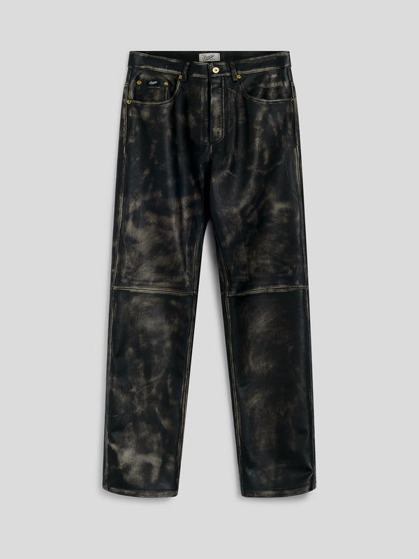 PANTALONE 5 TASCHE DA UOMO LOOSE FIT IN PELLE D'AGNELLO- TRATTAMENTO USED COLORE NERO - NERO - Abbigliamento Uomo | Pence 1979