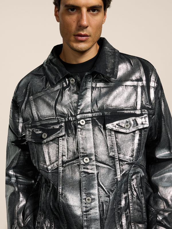 GIUBBINO UNISEX OVER FIT IN DENIM CON SPALMATURA METTALICA COLORE ARGENTO - ARGENTO - Abbigliamento Donna | Pence 1979