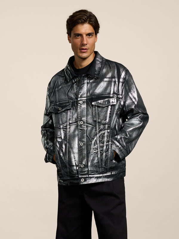 GIUBBINO UNISEX OVER FIT IN DENIM CON SPALMATURA METTALICA COLORE ARGENTO - ARGENTO - Abbigliamento Donna | Pence 1979