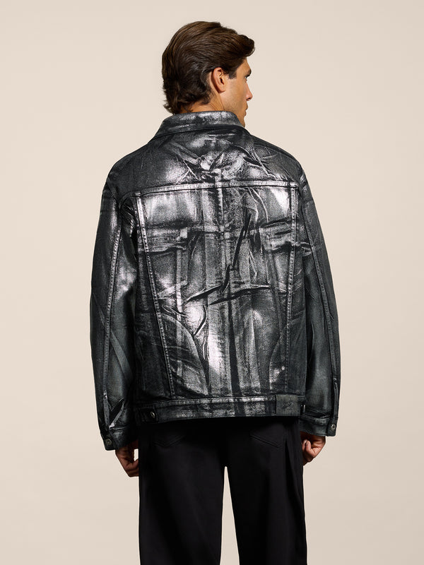 GIUBBINO UNISEX OVER FIT IN DENIM CON SPALMATURA METTALICA COLORE ARGENTO - ARGENTO - Abbigliamento Donna | Pence 1979