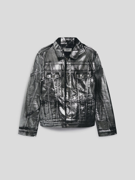 GIUBBINO UNISEX OVER FIT IN DENIM CON SPALMATURA METTALICA COLORE ARGENTO - ARGENTO - Abbigliamento Donna | Pence 1979