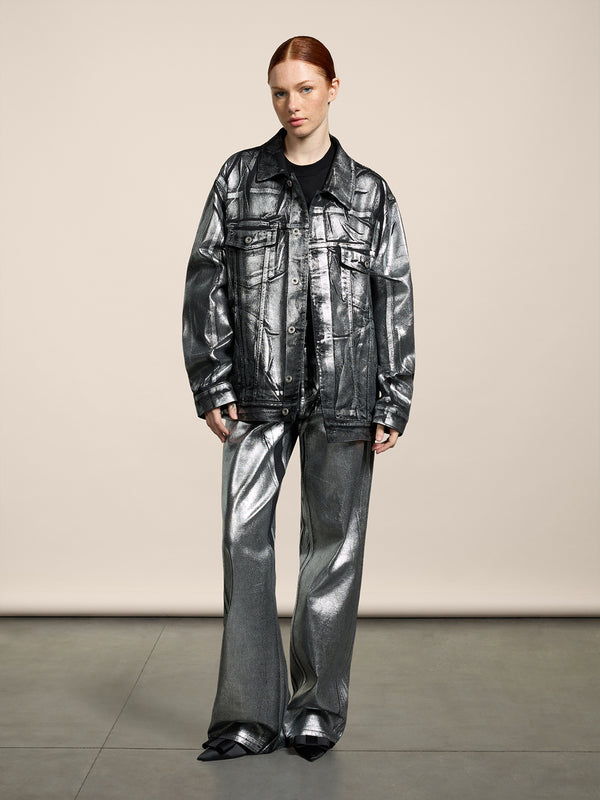 GIUBBINO UNISEX OVER FIT IN DENIM CON SPALMATURA METTALICA COLORE ARGENTO - ARGENTO - Abbigliamento Donna | Pence 1979