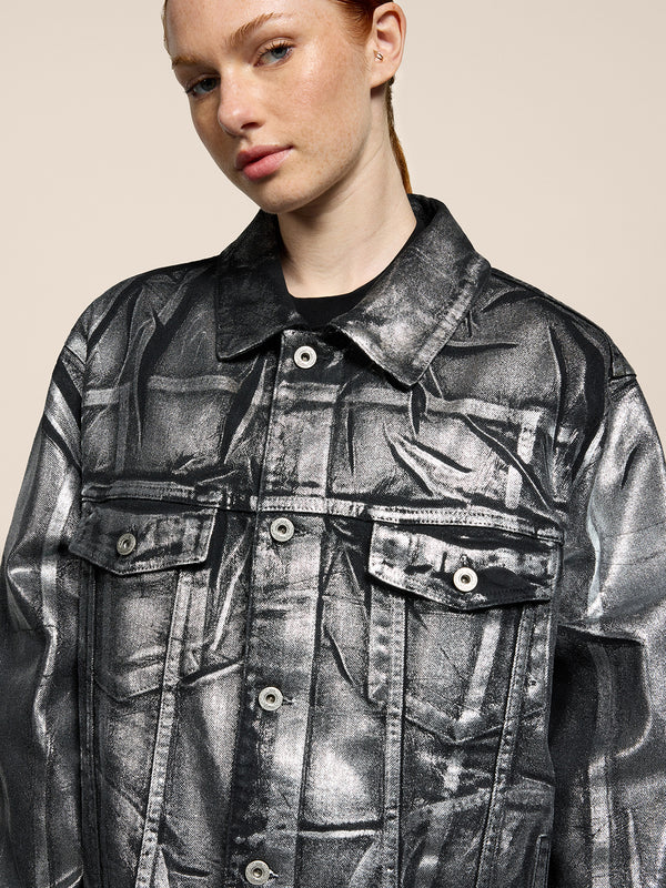 GIUBBINO UNISEX OVER FIT IN DENIM CON SPALMATURA METTALICA COLORE ARGENTO - ARGENTO - Abbigliamento Donna | Pence 1979