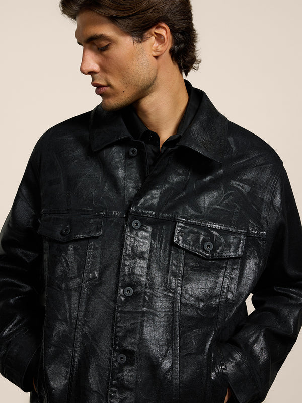 GIUBBINO UNISEX OVER FIT IN DENIM CON SPALMATURA METTALICA COLORE NERO - NERO - Abbigliamento Donna | Pence 1979