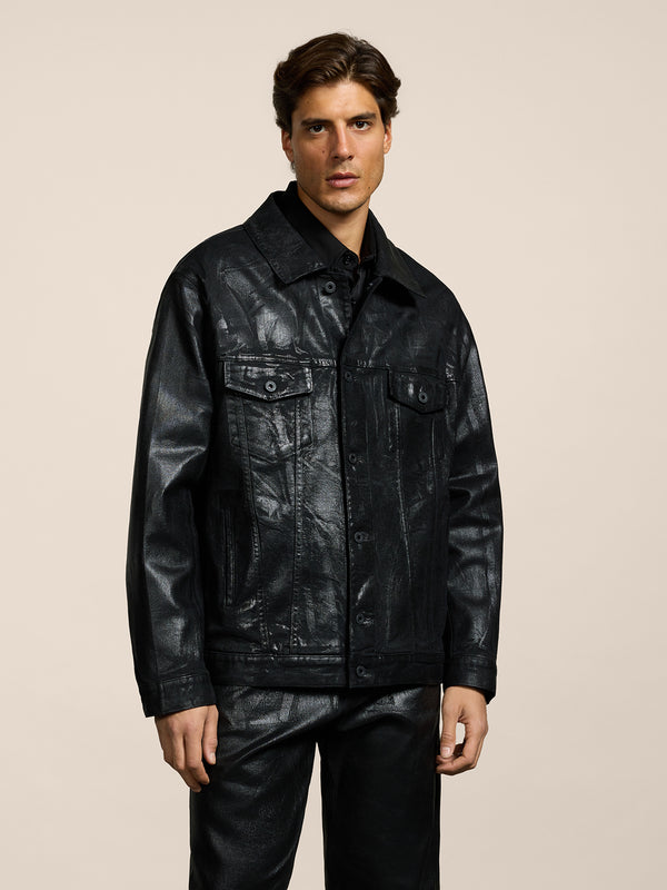 GIUBBINO UNISEX OVER FIT IN DENIM CON SPALMATURA METTALICA COLORE NERO - NERO - Abbigliamento Donna | Pence 1979