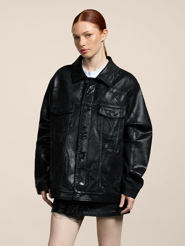GIUBBINO UNISEX OVER FIT IN DENIM CON SPALMATURA METTALICA COLORE NERO - NERO - Abbigliamento Donna | Pence 1979