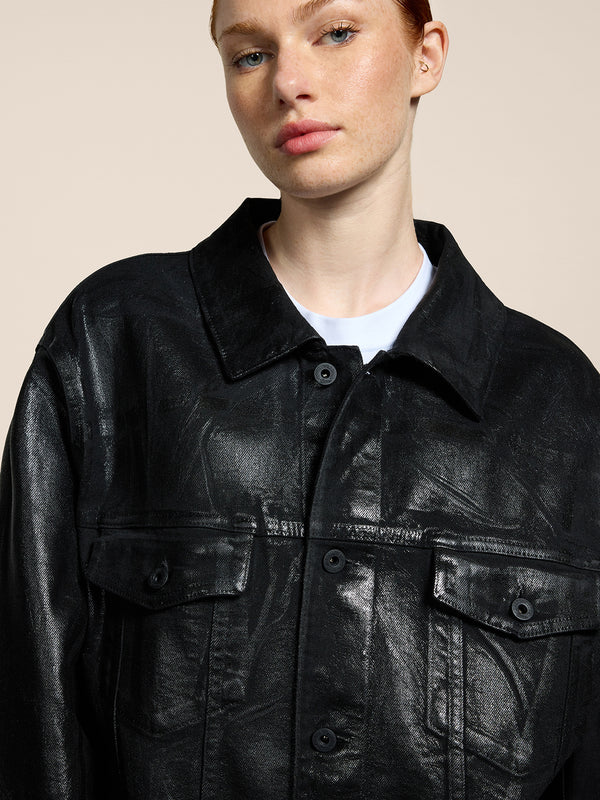 GIUBBINO UNISEX OVER FIT IN DENIM CON SPALMATURA METTALICA COLORE NERO - NERO - Abbigliamento Donna | Pence 1979