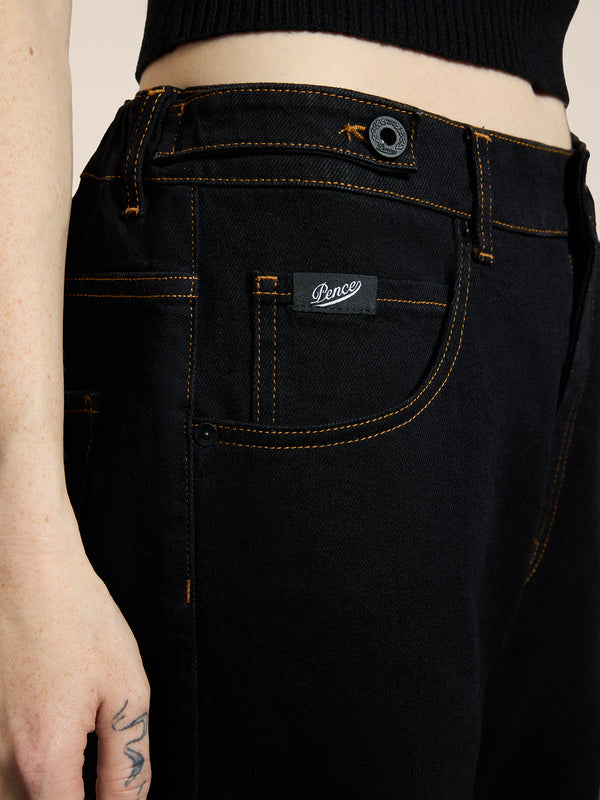 PANTALONE 5 TASCHE UNISEX RELAXED FIT IN DENIM COMFORT COLORE NERO CON IMPUNTURE TABACCO - NERO - Abbigliamento Donna | Pence 1979