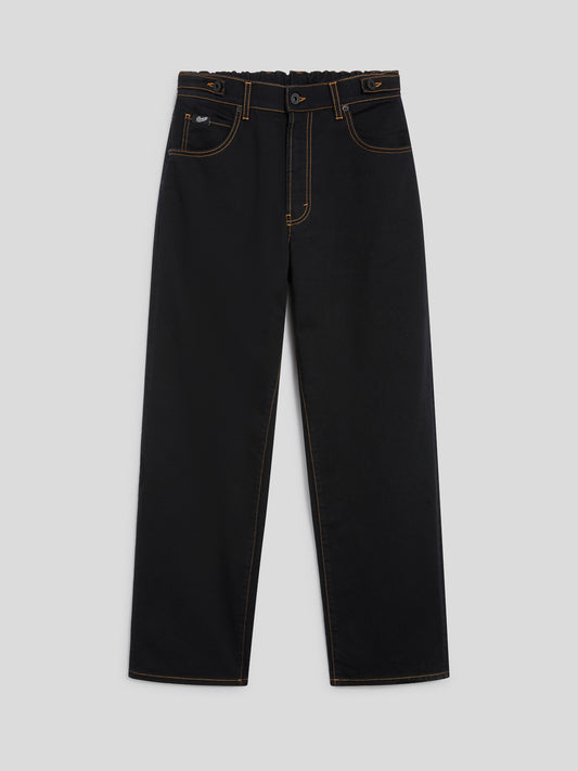 PANTALONE 5 TASCHE UNISEX RELAXED FIT IN DENIM COMFORT COLORE NERO CON IMPUNTURE TABACCO - NERO - Abbigliamento Donna | Pence 1979