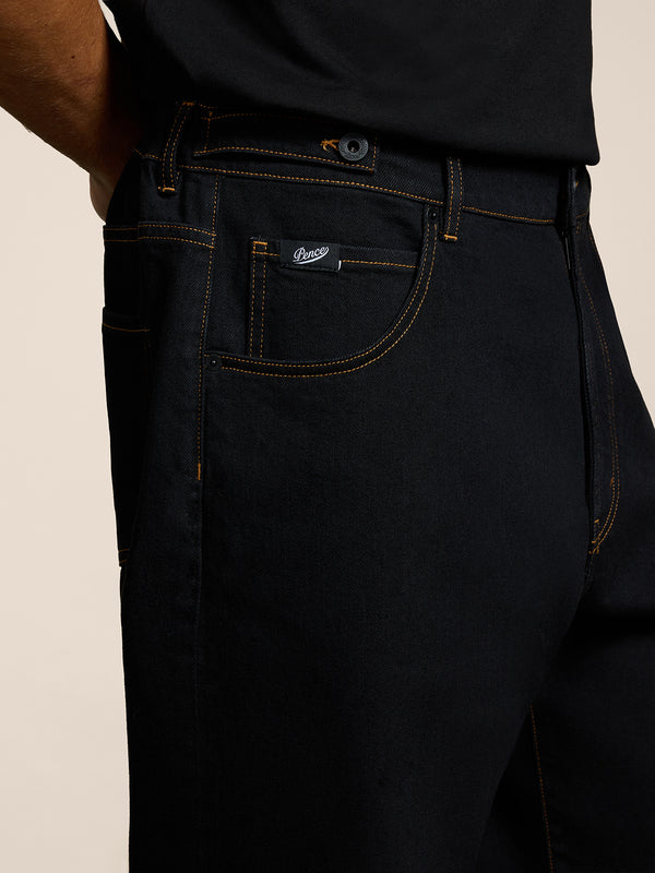 PANTALONE 5 TASCHE UNISEX RELAXED FIT IN DENIM COMFORT COLORE NERO CON IMPUNTURE TABACCO - NERO - Abbigliamento Donna | Pence 1979