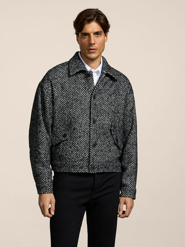GIUBBINO UNISEX OVER FIT, FONDO ELASTICATO, SPINATO COLORE BIANCO E NERO - NERO/BIANCO HERRINGBONE - Abbigliamento Donna | Pence 1979