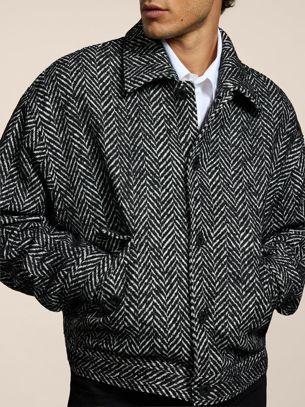 GIUBBINO UNISEX OVER FIT, FONDO ELASTICATO, SPINATO COLORE BIANCO E NERO - NERO/BIANCO HERRINGBONE - Abbigliamento Donna | Pence 1979