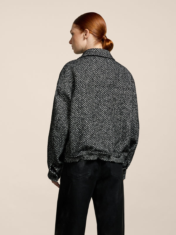 GIUBBINO UNISEX OVER FIT, FONDO ELASTICATO, SPINATO COLORE BIANCO E NERO - NERO/BIANCO HERRINGBONE - Abbigliamento Donna | Pence 1979