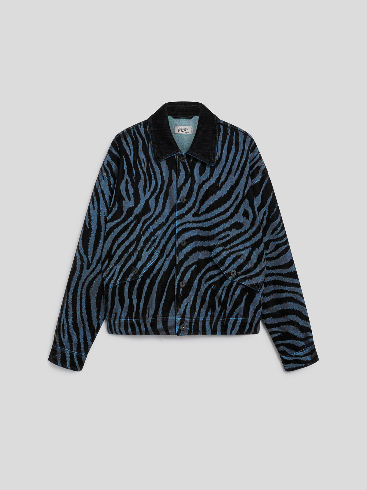 GIUBBINO UNISEX IN DENIM COMFORT FLOCCATO OVER FIT, FONDO ELASTICATO, COLORE BLU ZEBRATO NERO