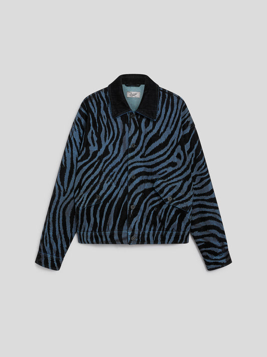 GIUBBINO UNISEX IN DENIM COMFORT FLOCCATO OVER FIT, FONDO ELASTICATO, COLORE BLU ZEBRATO NERO - ZEBRA\STRIPPED BLUE - Abbigliamento Donna | Pence 1979