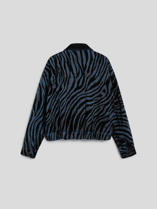 GIUBBINO UNISEX IN DENIM COMFORT FLOCCATO OVER FIT, FONDO ELASTICATO, COLORE BLU ZEBRATO NERO - ZEBRA\STRIPPED BLUE - Abbigliamento Donna | Pence 1979