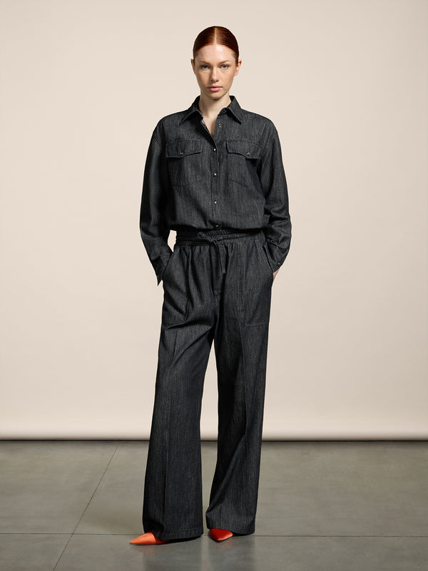PANTALONI JOGGER UNISEX IN CHAMBRAY OVER FIT COLORE NERO - NERO - Abbigliamento Donna | Pence 1979