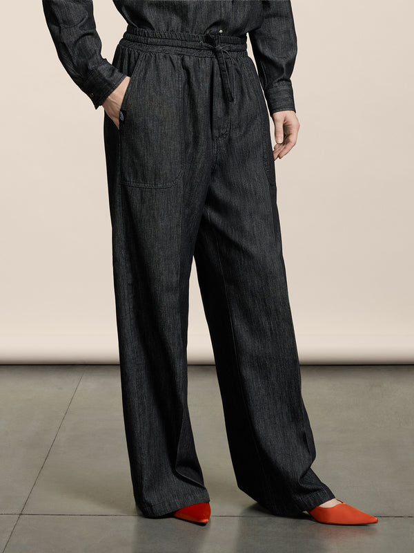 PANTALONI JOGGER UNISEX IN CHAMBRAY OVER FIT COLORE NERO - NERO - Abbigliamento Donna | Pence 1979