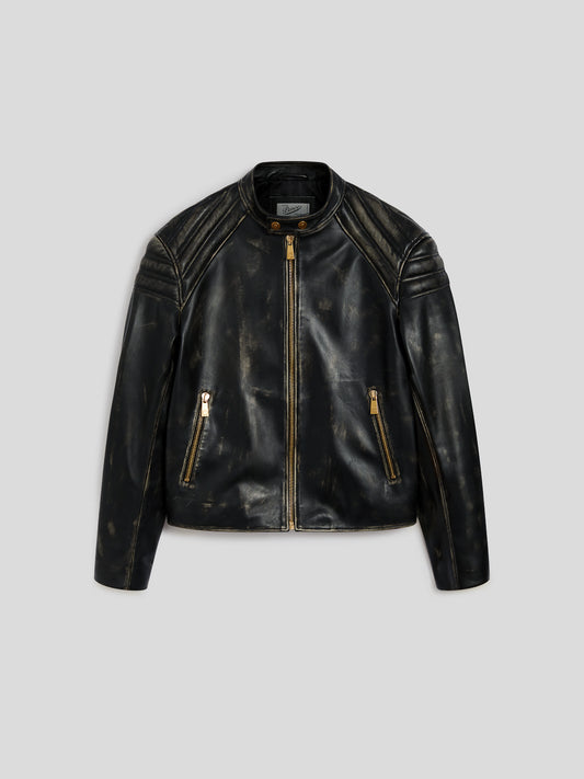 GIUBBINO BIKER UNISEX IN PELLE D'AGNELLO-TRATTAMENTO USED COLORE NERO - NERO - Abbigliamento Donna | Pence 1979