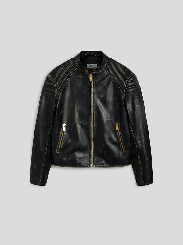 GIUBBINO BIKER UNISEX IN PELLE D'AGNELLO-TRATTAMENTO USED COLORE NERO - NERO - Abbigliamento Donna | Pence 1979