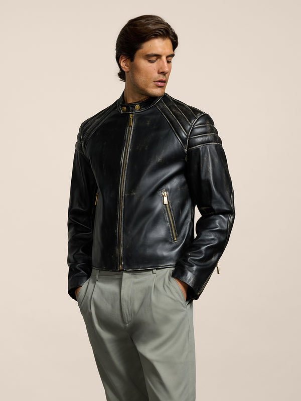 GIUBBINO BIKER UNISEX IN PELLE D'AGNELLO-TRATTAMENTO USED COLORE NERO - NERO - Abbigliamento Donna | Pence 1979