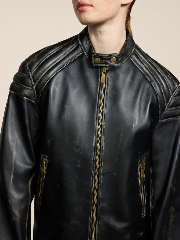 GIUBBINO BIKER UNISEX IN PELLE D'AGNELLO-TRATTAMENTO USED COLORE NERO - NERO - Abbigliamento Donna | Pence 1979