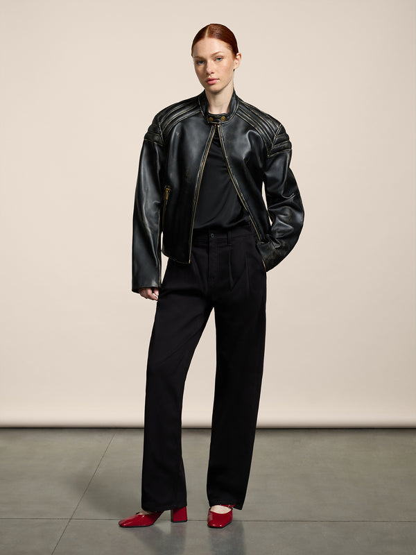 GIUBBINO BIKER UNISEX IN PELLE D'AGNELLO-TRATTAMENTO USED COLORE NERO - NERO - Abbigliamento Donna | Pence 1979