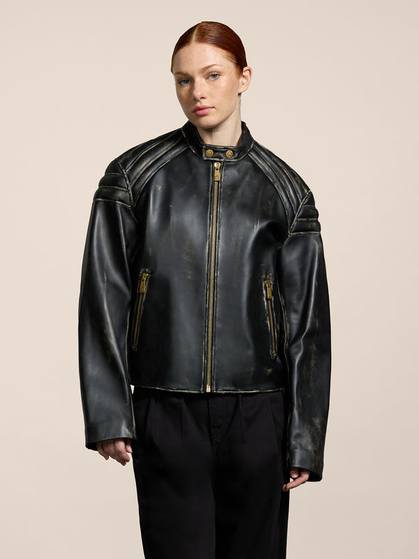GIUBBINO BIKER UNISEX IN PELLE D'AGNELLO-TRATTAMENTO USED COLORE NERO - NERO - Abbigliamento Donna | Pence 1979