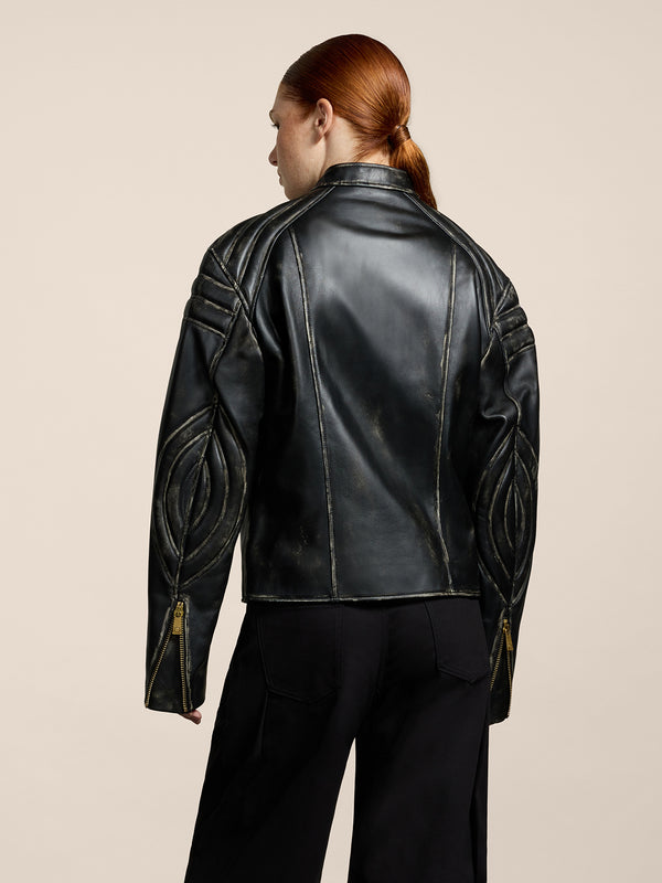 GIUBBINO BIKER UNISEX IN PELLE D'AGNELLO-TRATTAMENTO USED COLORE NERO - NERO - Abbigliamento Donna | Pence 1979