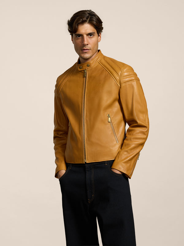 GIUBBOTTO BIKER UNISEX, REGULAR FIT, PELLE D'AGNELLO COLORE CARAMELLO - CARAMEL - Abbigliamento Donna | Pence 1979