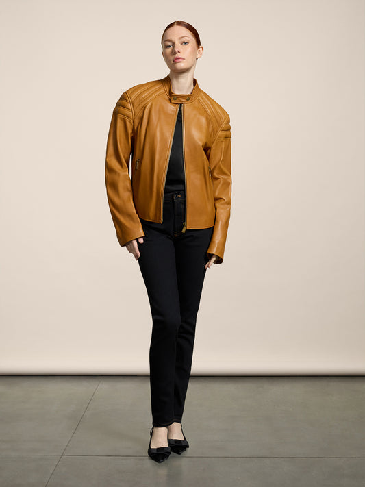 GIUBBOTTO BIKER UNISEX, REGULAR FIT, PELLE D'AGNELLO COLORE CARAMELLO - CARAMEL - Abbigliamento Donna | Pence 1979
