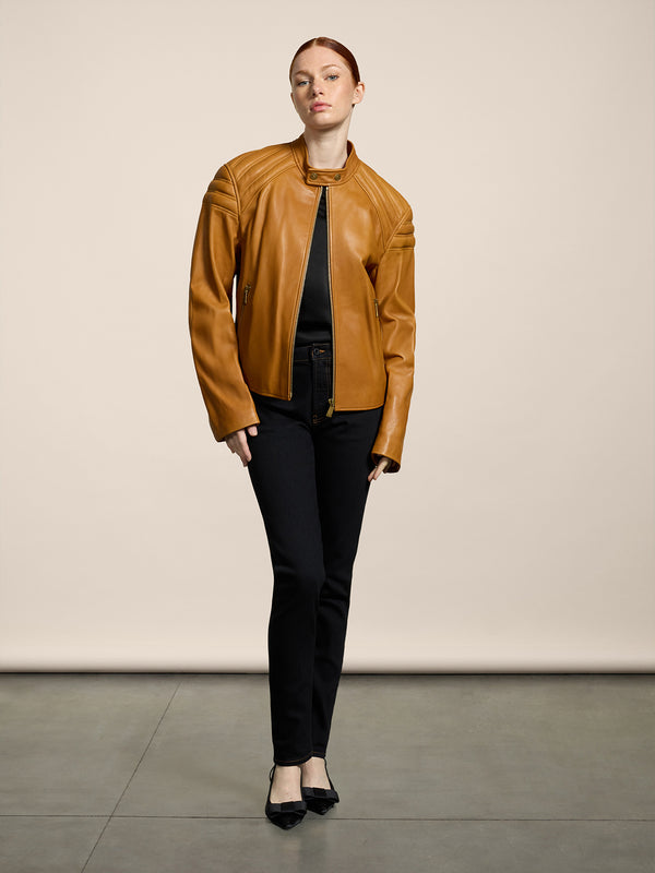 GIUBBOTTO BIKER UNISEX, REGULAR FIT, PELLE D'AGNELLO COLORE CARAMELLO - CARAMEL - Abbigliamento Donna | Pence 1979