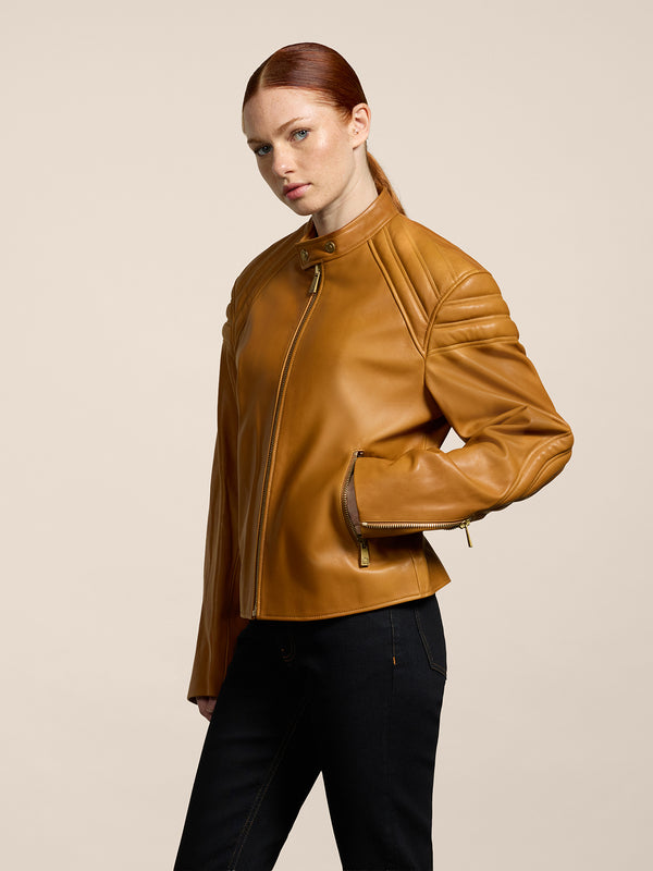 GIUBBOTTO BIKER UNISEX, REGULAR FIT, PELLE D'AGNELLO COLORE CARAMELLO - CARAMEL - Abbigliamento Donna | Pence 1979