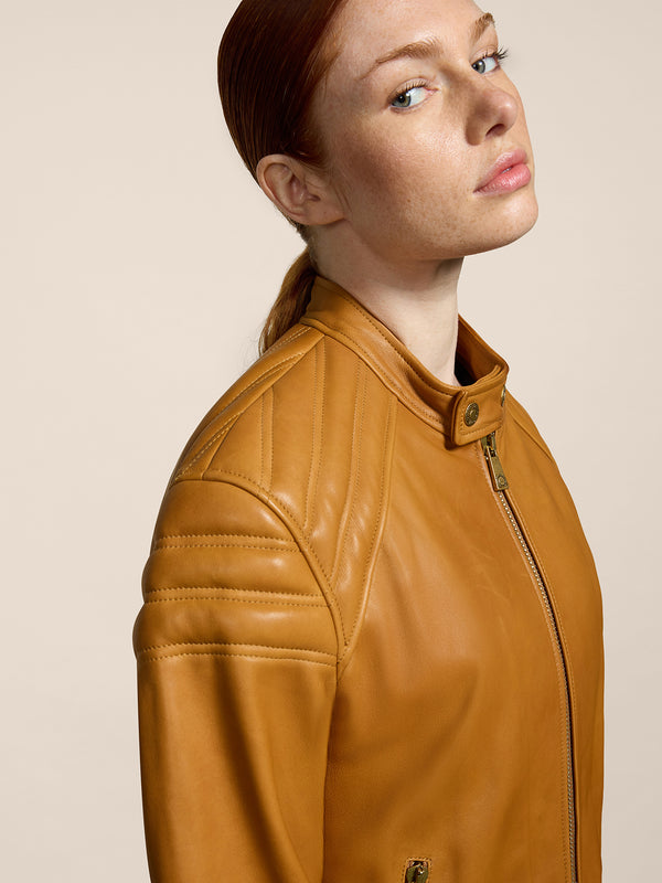 GIUBBOTTO BIKER UNISEX, REGULAR FIT, PELLE D'AGNELLO COLORE CARAMELLO - CARAMEL - Abbigliamento Donna | Pence 1979