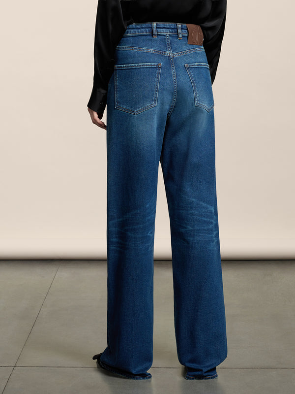 PANTALONE 5 TASCHE DA DONNA, VITA ALTA, GAMBA AMPIA, IN DENIM COMFORT BLU MEDIO - MEDIUM DENIM BLUE - Abbigliamento Donna | Pence 1979