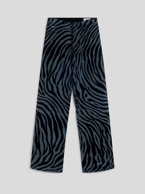 PANTALONE 5 TASCHE DA DONNA IN DENIM COMFORT FLOCCATO, VITA ALTA, GAMBA AMPIA, COLORE BLU ZEBRATO NERO - ZEBRA\STRIPPED BLUE - Abbigliamento Donna | Pence 1979