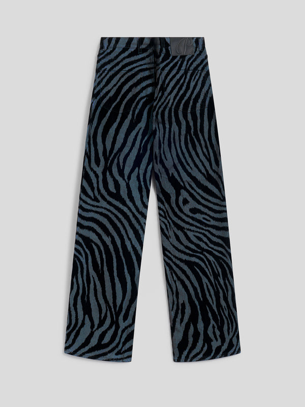 PANTALONE 5 TASCHE DA DONNA IN DENIM COMFORT FLOCCATO, VITA ALTA, GAMBA AMPIA, COLORE BLU ZEBRATO NERO - ZEBRA\STRIPPED BLUE - Abbigliamento Donna | Pence 1979
