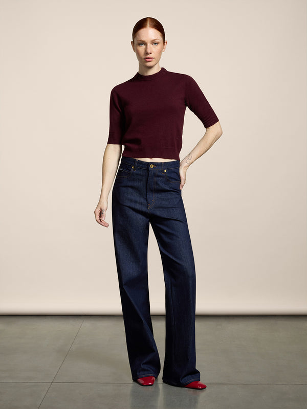 PANTALONE 5 TASCHE DA DONNA IN DENIM COMFORT BLU SCURO , VITA ALTA, GAMBA AMPIA - DARK DENIM BLUE  - Abbigliamento Donna | Pence 1979