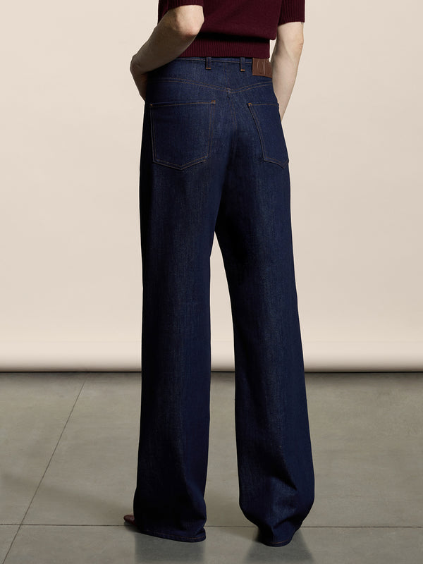 PANTALONE 5 TASCHE DA DONNA IN DENIM COMFORT BLU SCURO , VITA ALTA, GAMBA AMPIA - DARK DENIM BLUE  - Abbigliamento Donna | Pence 1979