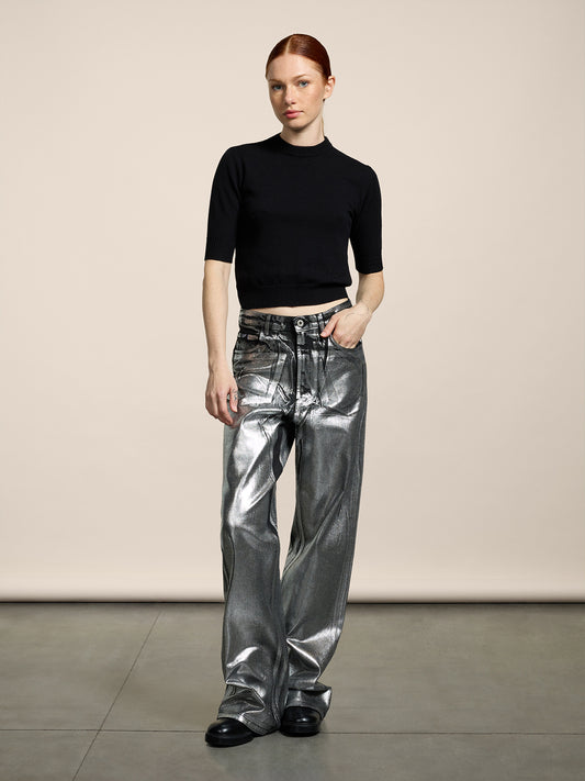 PANTALONE 5 TASCHE DA DONNA, VITA ALTA, GAMBA AMPIA, IN DENIM CON SPLAMATURA METALLICA COLORE ARGENTO - ARGENTO - Abbigliamento Donna | Pence 1979