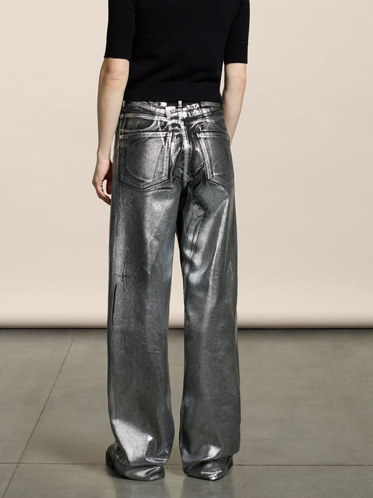 PANTALONE 5 TASCHE DA DONNA, VITA ALTA, GAMBA AMPIA, IN DENIM CON SPLAMATURA METALLICA COLORE ARGENTO - ARGENTO - Abbigliamento Donna | Pence 1979