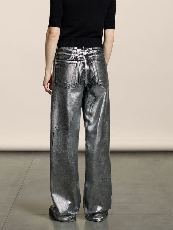 PANTALONE 5 TASCHE DA DONNA, VITA ALTA, GAMBA AMPIA, IN DENIM CON SPLAMATURA METALLICA COLORE ARGENTO - ARGENTO - Abbigliamento Donna | Pence 1979