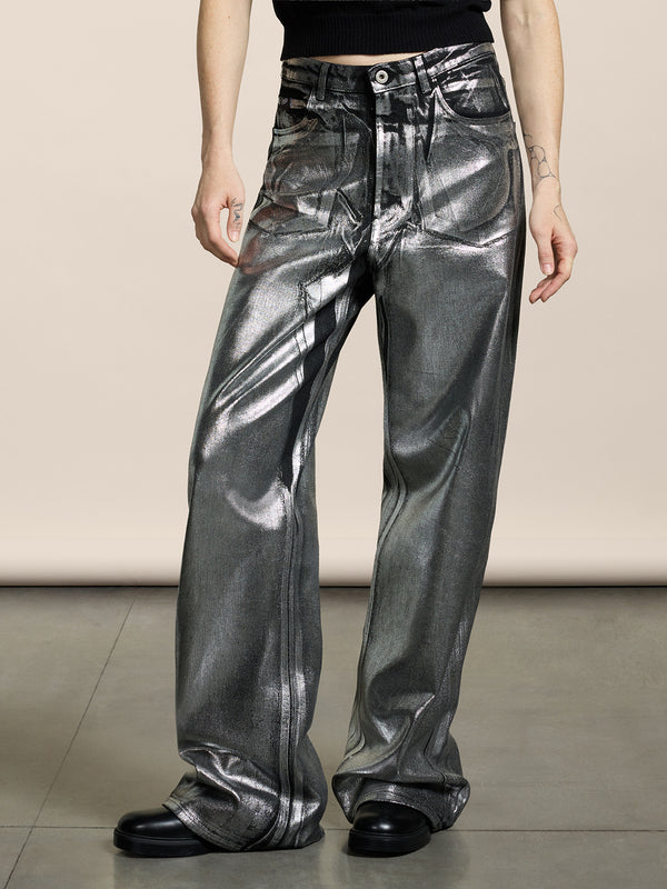 PANTALONE 5 TASCHE DA DONNA, VITA ALTA, GAMBA AMPIA, IN DENIM CON SPLAMATURA METALLICA COLORE ARGENTO - ARGENTO - Abbigliamento Donna | Pence 1979