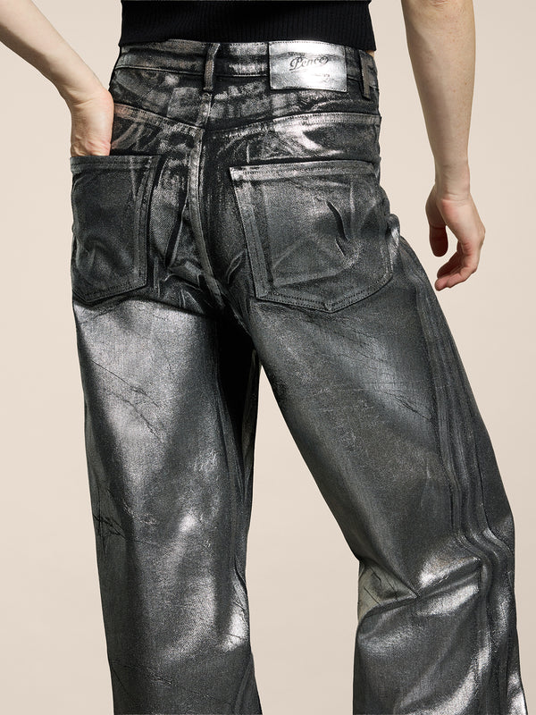 PANTALONE 5 TASCHE DA DONNA, VITA ALTA, GAMBA AMPIA, IN DENIM CON SPLAMATURA METALLICA COLORE ARGENTO - ARGENTO - Abbigliamento Donna | Pence 1979