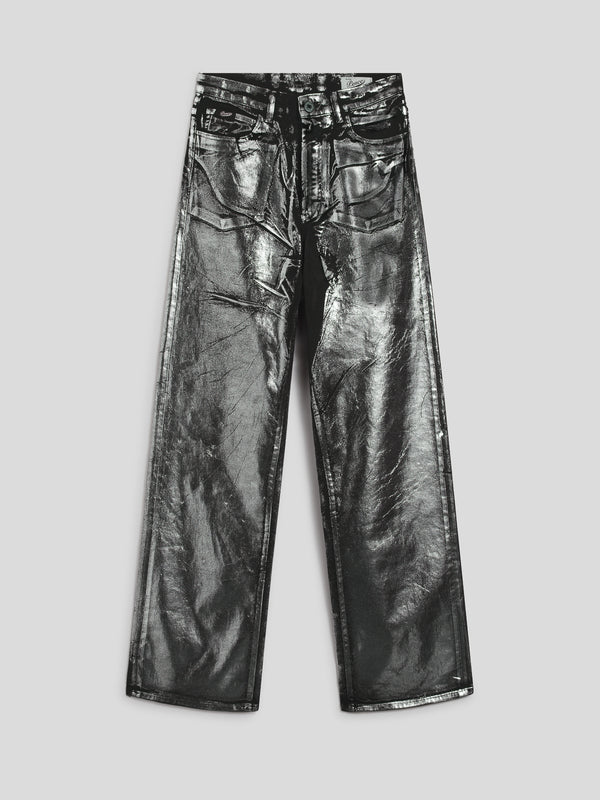 PANTALONE 5 TASCHE DA DONNA, VITA ALTA, GAMBA AMPIA, IN DENIM CON SPLAMATURA METALLICA COLORE ARGENTO - ARGENTO - Abbigliamento Donna | Pence 1979