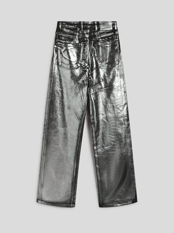 PANTALONE 5 TASCHE DA DONNA, VITA ALTA, GAMBA AMPIA, IN DENIM CON SPLAMATURA METALLICA COLORE ARGENTO - ARGENTO - Abbigliamento Donna | Pence 1979