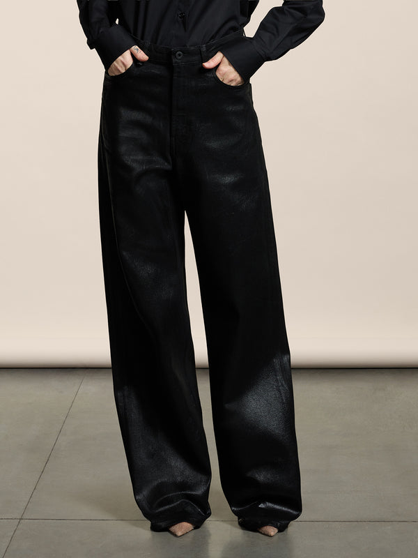 PANTALONE 5 TASCHE DA DONNA, VITA ALTA, GAMBA AMPIA, IN DENIM CON SPLAMATURA METALLICA COLORE NERO - NERO - Abbigliamento Donna | Pence 1979