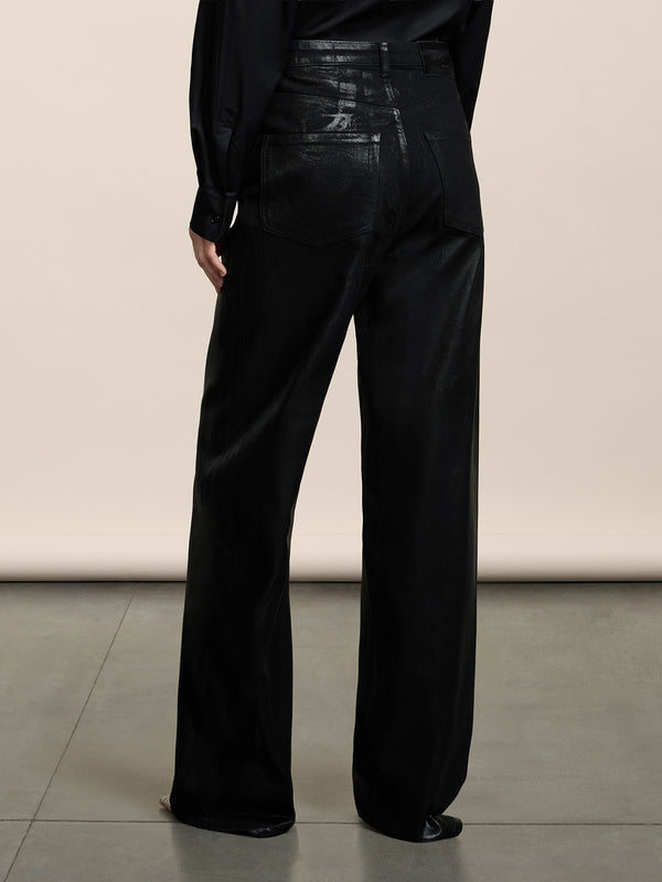 PANTALONE 5 TASCHE DA DONNA, VITA ALTA, GAMBA AMPIA, IN DENIM CON SPLAMATURA METALLICA COLORE NERO - NERO - Abbigliamento Donna | Pence 1979