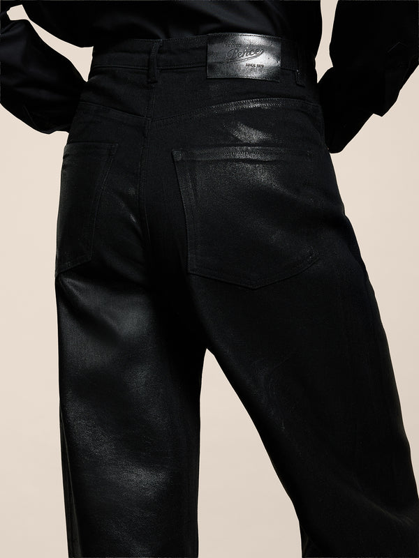 PANTALONE 5 TASCHE DA DONNA, VITA ALTA, GAMBA AMPIA, IN DENIM CON SPLAMATURA METALLICA COLORE NERO - NERO - Abbigliamento Donna | Pence 1979